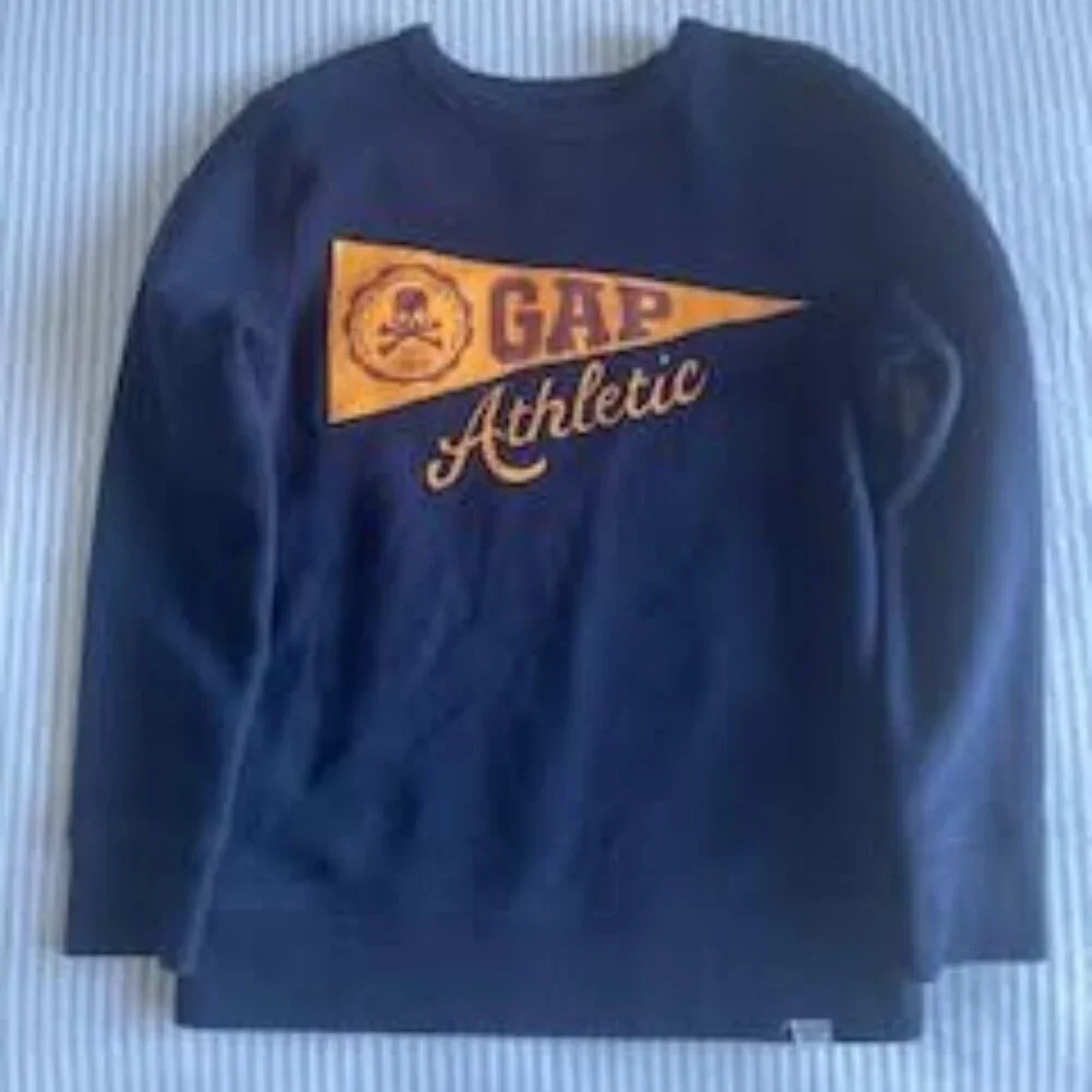 Boys' GAP Athletic Crew Neck Sweater (Size M - 8) Navy Blue with Orange Logo